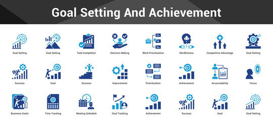Goal Setting And Achievement Cohesive set of minimalist vector icons representing key ideas with visual clarity