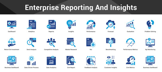 Enterprise Reporting And Insights Cohesive set of minimalist vector icons representing key ideas with visual clarity