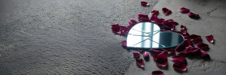 Cinematic close-up of broken heart-shaped mirror with rose petals on concrete surface and soft natural light