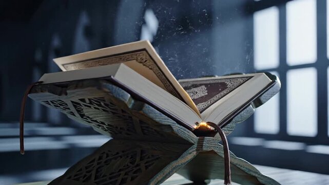 Dramatic low-key close-up of the open quran illuminated on a rehal in a solemn sanctuary.