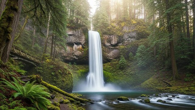 Tranquil forest waterfall cascading into mossy pool among lush trees.
