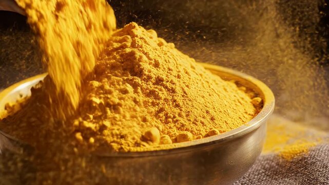 Golden Turmeric Powder Being Poured from a Spoon into a Bowl in Low Light Setting