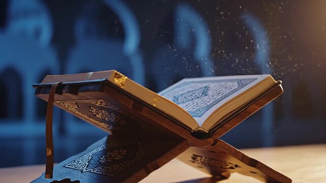 Close-up of the open quran on a rehal, dramatically lit with blue light, offering solace from the dark spiritual prison.
