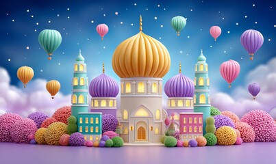 Vibrant 3D Clay Rendered Scene for Eid Mubarak Featuring Intricate Details and Balloons