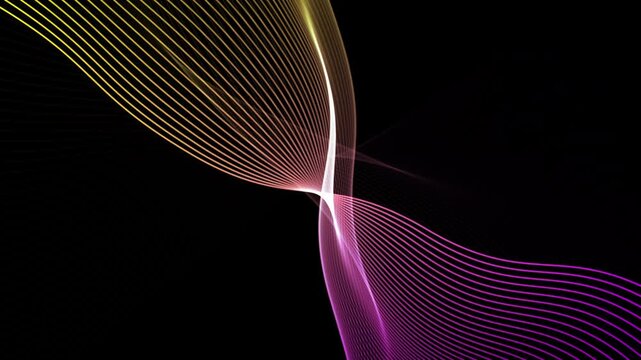 4K Abstract colorful Swirls wave technology background with geometric neon line echo pattern. Futuristic technology style. Seamless loop 4k on black background.
