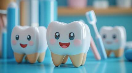 Adorable smiling cartoon teeth characters stand cheerfully among blurry dental care products, symbolizing oral hygiene and happy healthy habits for children