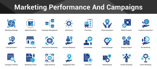 Marketing Performance And Campaigns Cohesive set of minimalist vector icons representing key ideas with visual clarity