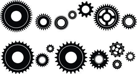 Industrial gear wheels vector illustration, mechanical cogwheel set, machine engineering parts collection, black white silhouette design, technology concept graphics