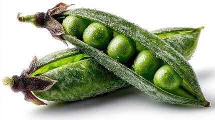 Two open pea pods reveal vibrant green peas, detailed close-up shot