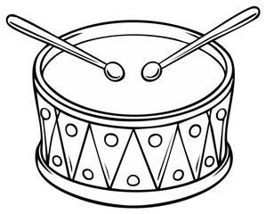 A classic toy drum with crossed drumsticks black and white line art illustration for a coloring page