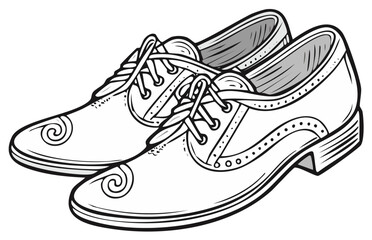 A black and white line art illustration of a pair of classic men's dress shoes with brogue details and swirl design