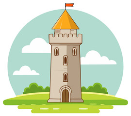 Cartoon castle in countryside with sky clouds and green hills whimsical fantasy style illustration