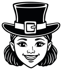 Festive Smiling Woman Wearing a Buckled Top Hat Cartoon Illustration