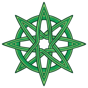 Intricate green geometric Celtic knot star symbol with circular outline
