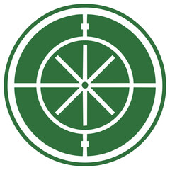 Geometric green and white circle with a stylized spoked wheel and target crosshairs