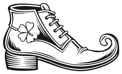 Clog illustration with shamrock design. Drawn boot with laces and a curly toe. Black and white graphic.