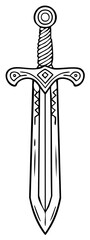 Black and white line art illustration of an ornate medieval fantasy sword with a detailed hilt