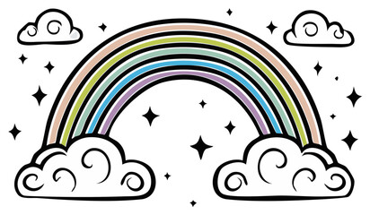 Cute Hand Drawn Pastel Rainbow with Clouds and Stars Vector Illustration