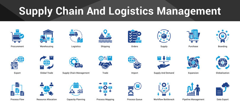 Supply Chain And Logistics Management Cohesive set of minimalist vector icons representing key ideas with visual clarity
