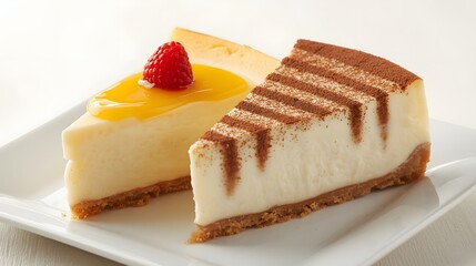 Creamy cheesecake slices with raspberry and caramel glaze on white plate, elegant dessert presentation in soft natural light for bakery menu