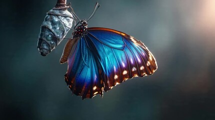 Stunning Blue Butterfly Emerging From Chrysalis, Symbolizing Transformation and New Beginnings