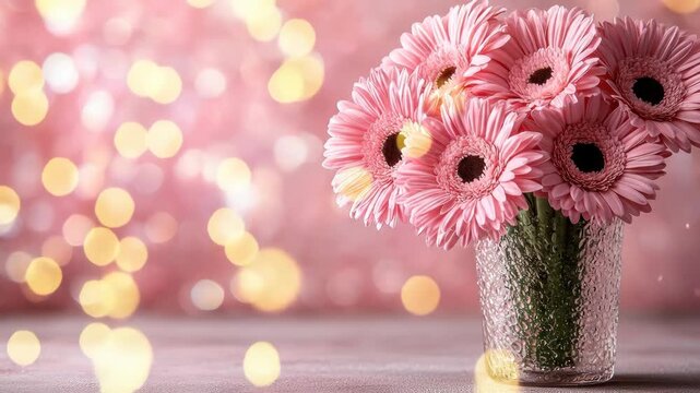 Pink gerbera daisies in a textured glass vase, bokeh background, soft lighting