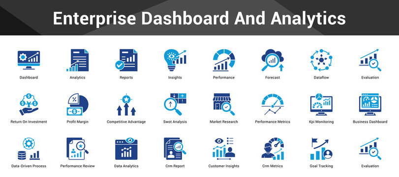 Enterprise Dashboard And Analytics Cohesive set of minimalist vector icons representing key ideas with visual clarity