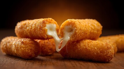 Crispy golden mozzarella stick stretching melted cheese close up, appetizing fast food snack with warm lighting and delicious texture detail