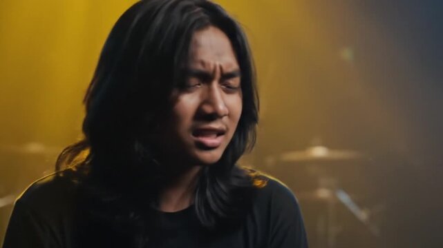 A singer emoting passionately during a performance with dramatic lighting 