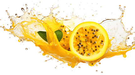 Passion fruit slice splash on transparent background