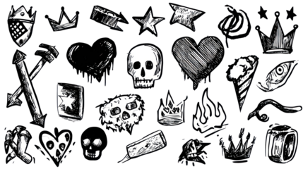 Black and white tattoo design elements on transparent background