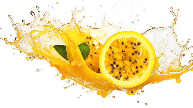 Passion fruit slice splash on transparent background