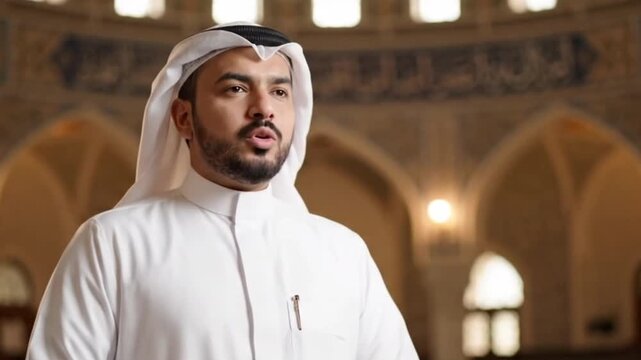 a person wearing traditional attire stands inside a place of worship, speaking with reverence and respect