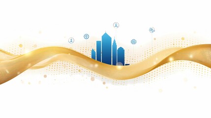 building sillhouette with abstract golden swirl and icons