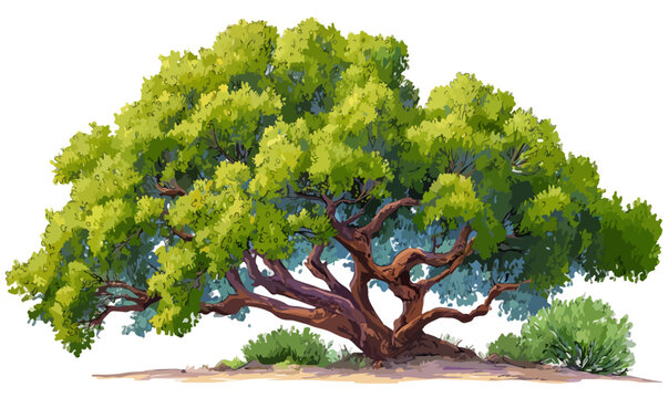 白い背景に切り抜かれた、豊かな緑の葉と太くごつごつした幹を持つ大きな広葉樹のイラスト。透明な背景で様々なデザインに活用できる自然のシンボル。
