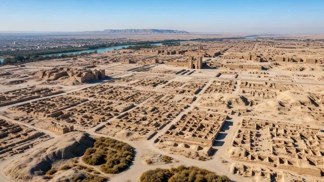 Ancient Mesopotamian City Ruins Aerial View: Ziggurat, River, Desert Landscape