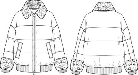 Winter puffer jacket CAD drawing, fashion flat vector illustration, faux fur collar cuffs, insulated outerwear, front and back view © MstAnufa