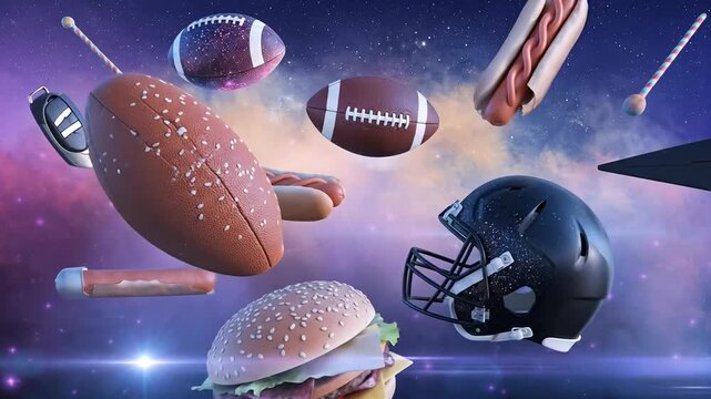 Floating football helmets hot dogs burgers and game day snacks with cosmic background visuals