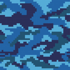 Seamless Pixel Camouflage Pattern | Pixel Art Camo Background. blue color.