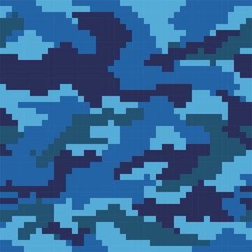 Seamless Pixel Camouflage Pattern | Pixel Art Camo Background. blue color.