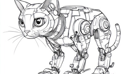 Fototapeta premium Mechanical cat illustration futuristic robotic animal concept in detailed line art