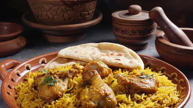 Traditional Arab Food - Chicken Kabsa with Turmeric Rice and Pita Bread, Served Warm on a Wooden Plate
