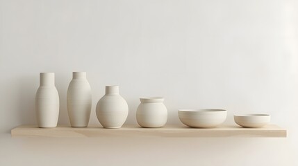 Minimalist ceramic vases on wooden shelf against white wall, modern interior still life with neutral tones, calm composition, and clean design aesthetic
