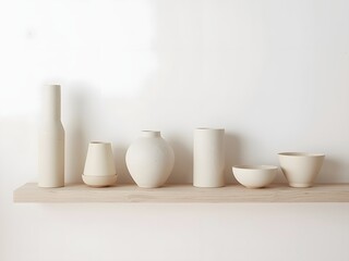 Minimalist ceramic vases on wooden shelf against white wall, modern interior still life with neutral tones, calm composition, and clean design aesthetic