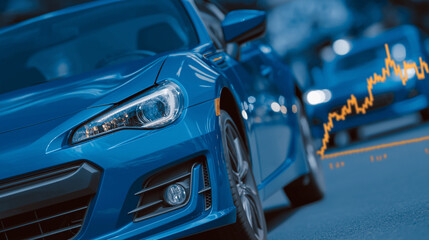 Automotive market trend: Two vehicles symbolize market trends. Blue cars moving against a backdrop of financial data and blurred environment reflect modern automotive and economic themes.