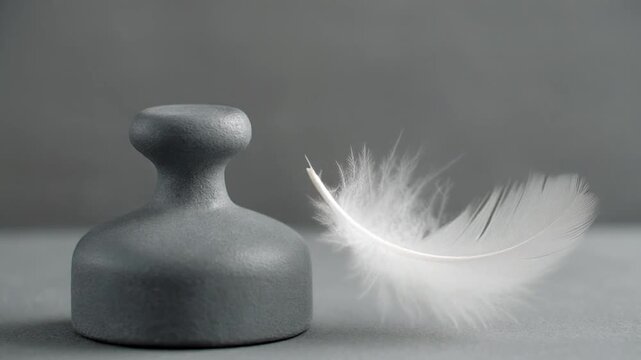 A smooth, dark gray rounded object contrasts a wispy white feather against a neutral gray backdrop