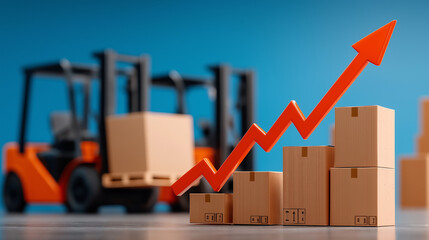 Warehouse Growth: An upward trending arrow overlaid on stacked boxes in front of a forklift, symbolizing the growth and progress of logistics and storage operations.
