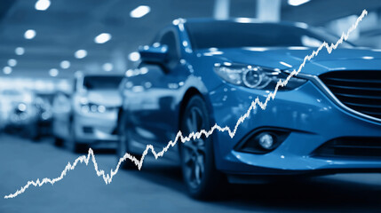 Car Market Trends: A modern image of shiny new cars, suggesting growth in the automotive sector, underscored by a rising graph signifying market trends and financial performance.