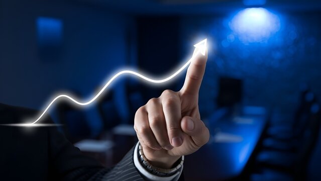 Businessman Pointing at Glowing Ascending Line Graph Representing Growth and Success. - Powered by Adobe