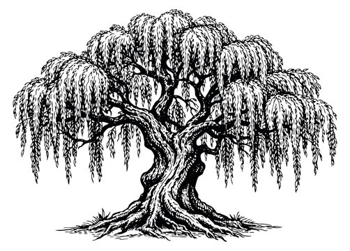 Hand drawn line art illustration of a weeping willow tree depicting drooping branches for nature designs